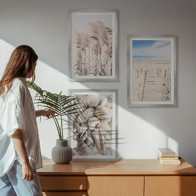 Three-piece wall art set featuring beach shells and sea grass