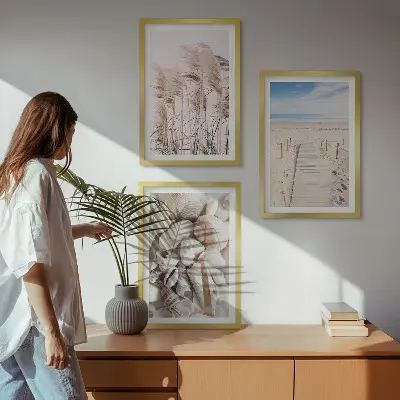 Three-piece wall art set featuring beach shells and sea grass