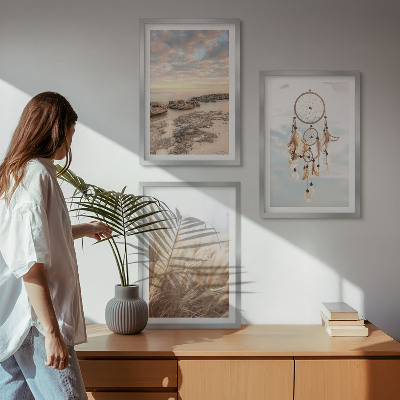Set of 3 framed wall art pieces Sea of ​​clouds dream catcher grass