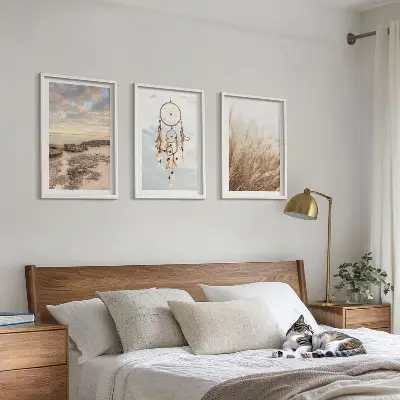 Set of 3 framed wall art pieces sea of clouds dream catcher grass design