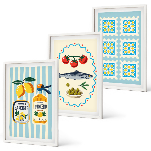 Set of 3 framed wall art pieces Mediterranean style kitchen illustrations