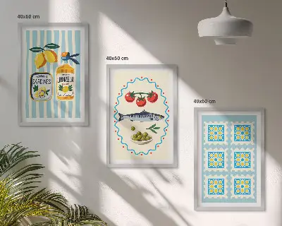 Set of 3 framed wall art pieces featuring Mediterranean style kitchen illustrations