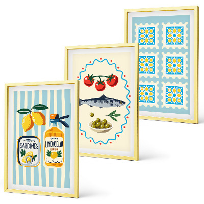 Set of 3 framed wall art pieces Mediterranean style kitchen illustrations