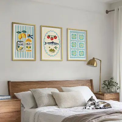 Set of 3 framed wall art pieces featuring Mediterranean style kitchen illustrations