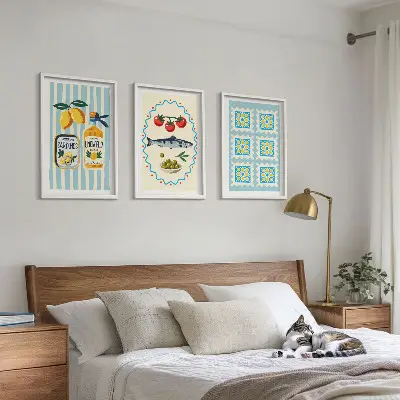 Set of 3 framed wall art pieces featuring Mediterranean style kitchen illustrations