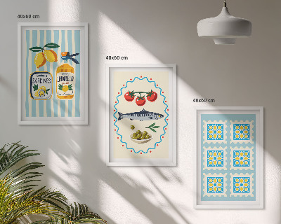 Set of 3 framed wall art pieces Mediterranean style kitchen illustrations