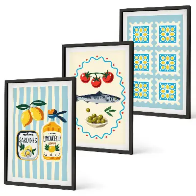 Set of 3 framed wall art pieces featuring Mediterranean style kitchen illustrations