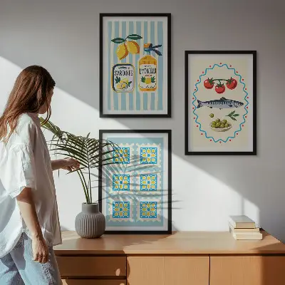 Set of 3 framed wall art pieces featuring Mediterranean style kitchen illustrations