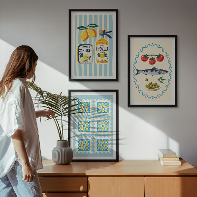 Set of 3 framed wall art pieces Mediterranean style kitchen illustrations