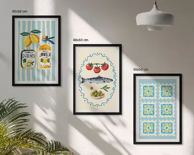 Set of 3 framed wall art pieces featuring Mediterranean style kitchen illustrations