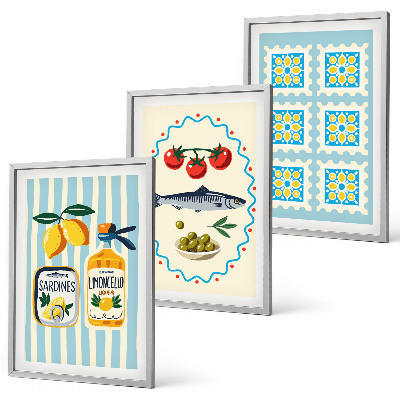 Set of 3 framed wall art pieces Mediterranean style kitchen illustrations