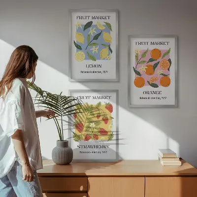 Fruit wall art set lemons and strawberries posters