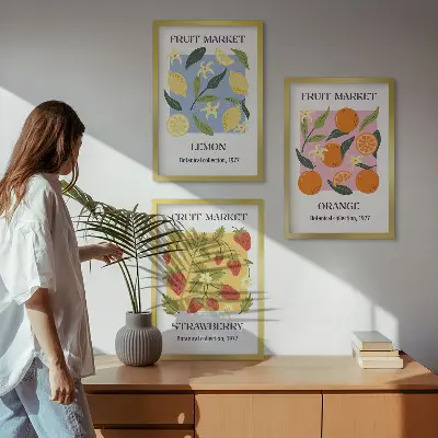 Fruit wall art set lemons and strawberries posters