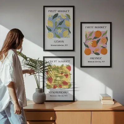Fruit wall art set lemons and strawberries posters