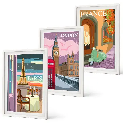 Three-piece wall art set with Parisian and London retro views