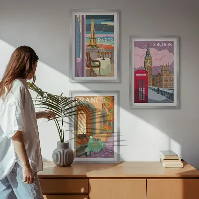Three-piece wall art set with Parisian and London retro views