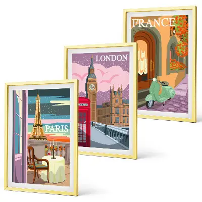 Three-piece wall art set with Parisian and London retro views