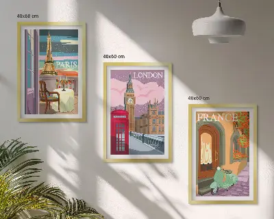 Three-piece wall art set with Parisian and London retro views