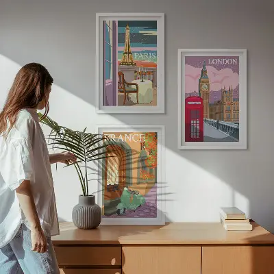 Three-piece wall art set with Parisian and London retro views