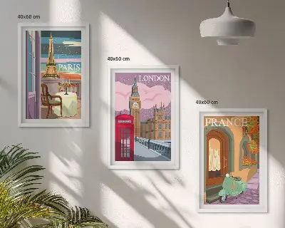 Three-piece wall art set with Parisian and London retro views