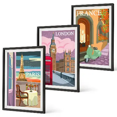 Three-piece wall art set with Parisian and London retro views