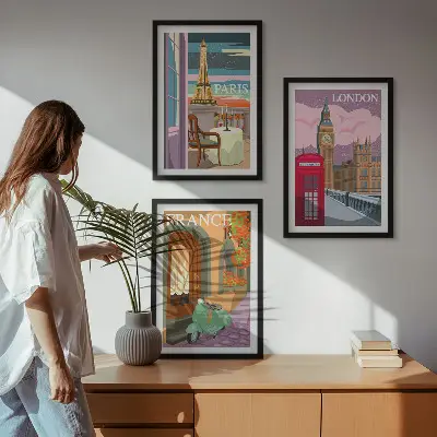 Three-piece wall art set with Parisian and London retro views