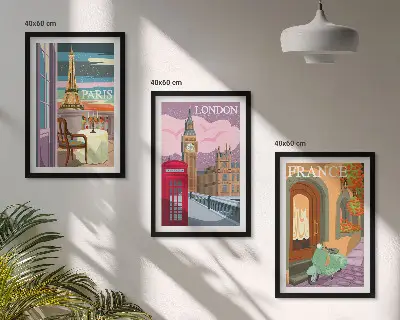 Three-piece wall art piece Views Paris London retro