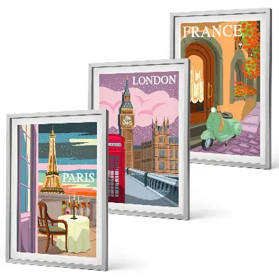 Three-piece wall art set with Parisian and London retro views