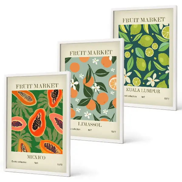 Vintage fruit wall art posters set of 3 framed pieces
