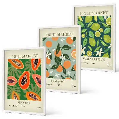 Vintage fruit wall art posters set of 3 framed pieces