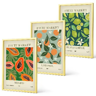 Vintage fruit wall art posters set of 3 framed pieces