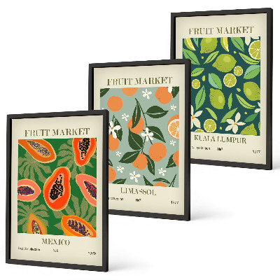 Set of 3 framed wall art pieces Fruit vintage posters