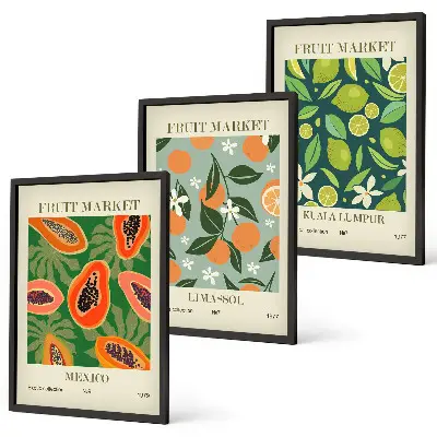 Vintage fruit wall art posters set of 3 framed pieces