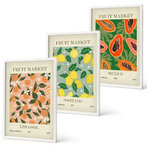 Set of 3 framed wall art pieces citrus fruits tropical retro theme