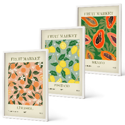 Set of 3 framed wall art pieces Citrus fruits tropical retro