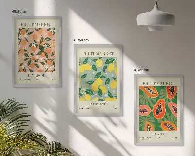 Set of 3 framed wall art pieces citrus fruits tropical retro theme