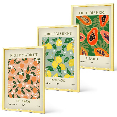 Set of 3 framed wall art pieces Citrus fruits tropical retro