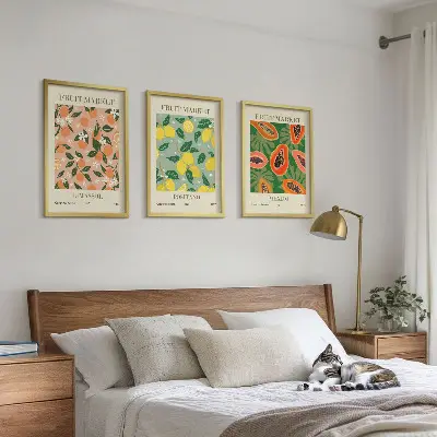 Set of 3 framed wall art pieces citrus fruits tropical retro theme