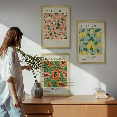 Set of 3 framed wall art pieces citrus fruits tropical retro theme