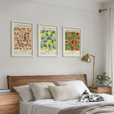 Set of 3 framed wall art pieces Citrus fruits tropical retro