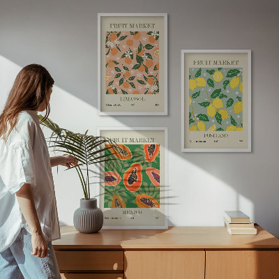 Set of 3 framed wall art pieces Citrus fruits tropical retro