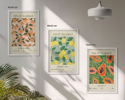 Set of 3 framed wall art pieces Citrus fruits tropical retro