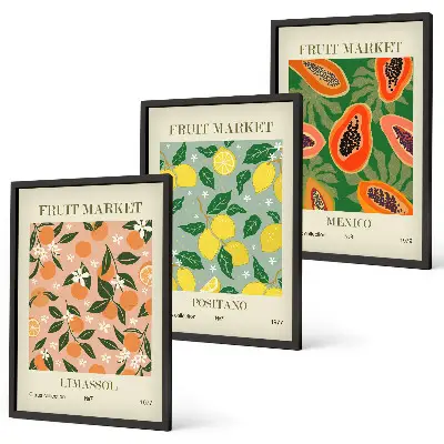 Set of 3 framed wall art pieces citrus fruits tropical retro theme