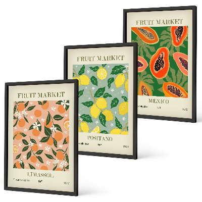 Set of 3 framed wall art pieces Citrus fruits tropical retro