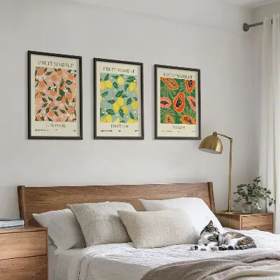 Set of 3 framed wall art pieces citrus fruits tropical retro theme