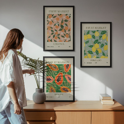 Set of 3 framed wall art pieces Citrus fruits tropical retro