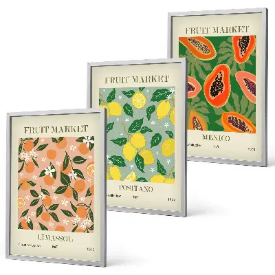 Set of 3 framed wall art pieces citrus fruits tropical retro theme