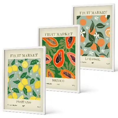 Three-piece lemon and papaya wall art set fruit posters