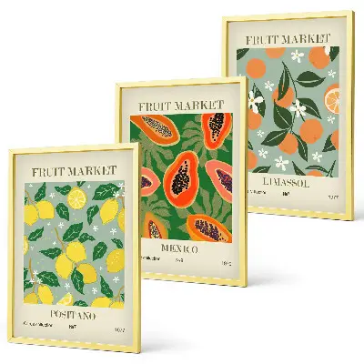 Three-piece lemon and papaya wall art set fruit posters