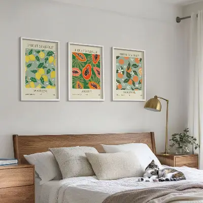 Three-piece lemon and papaya wall art set fruit posters